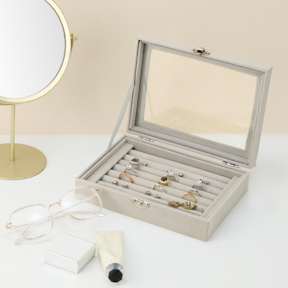 Velvet Jewellery Box 7-Compartment Ring Organizer with Transparent Lid