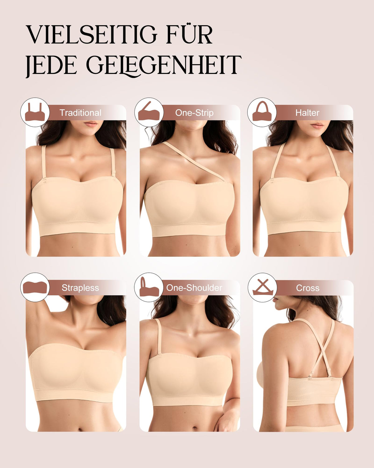 Strapless Push-Up Bra Wire-Free Seamless Padded Non-Slip – Beige XL