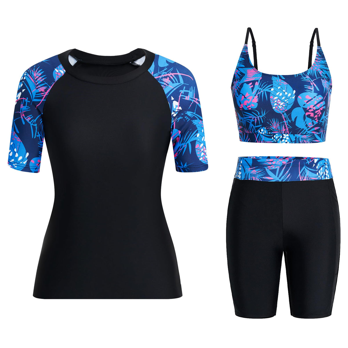 Set costum de înot damă 3 piese protecție UPF50+ cu tricou și pantaloni scurți – Roșu L