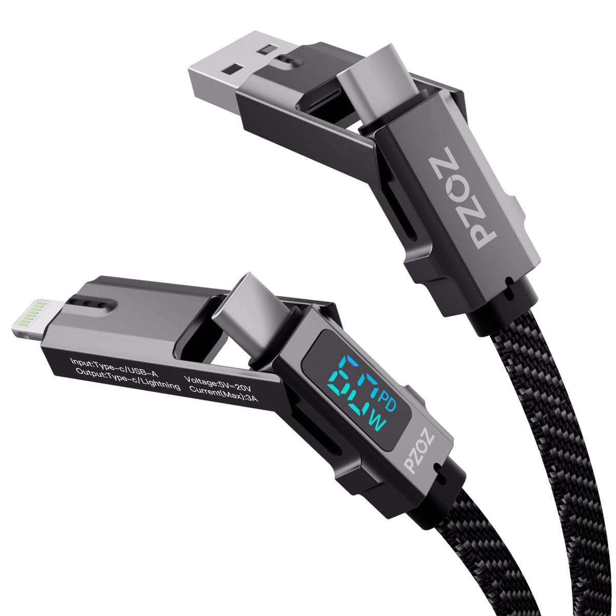 PZOZ 4-in-1 LED Display Fast Charging Cable, 60W, USB Cable, USB C to Lightning/Type C to USB C/USB A to Lightning/USB A to USB C Multi Charging Cable (60W, 1.5M)