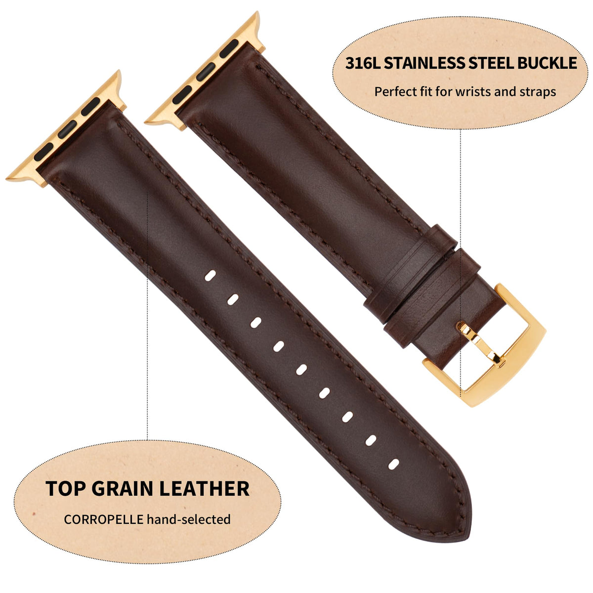 CORROPELLE Watch Strap Compatible with Apple Watch Leather Strap 49mm 46mm 45mm 44mm 42mm, High Quality Genuine Leather Watch Straps Replacement Bracelet for iWatch Series 10 9 8 7 6 5 4 3 2 1 SE2/1 Ultra2/1