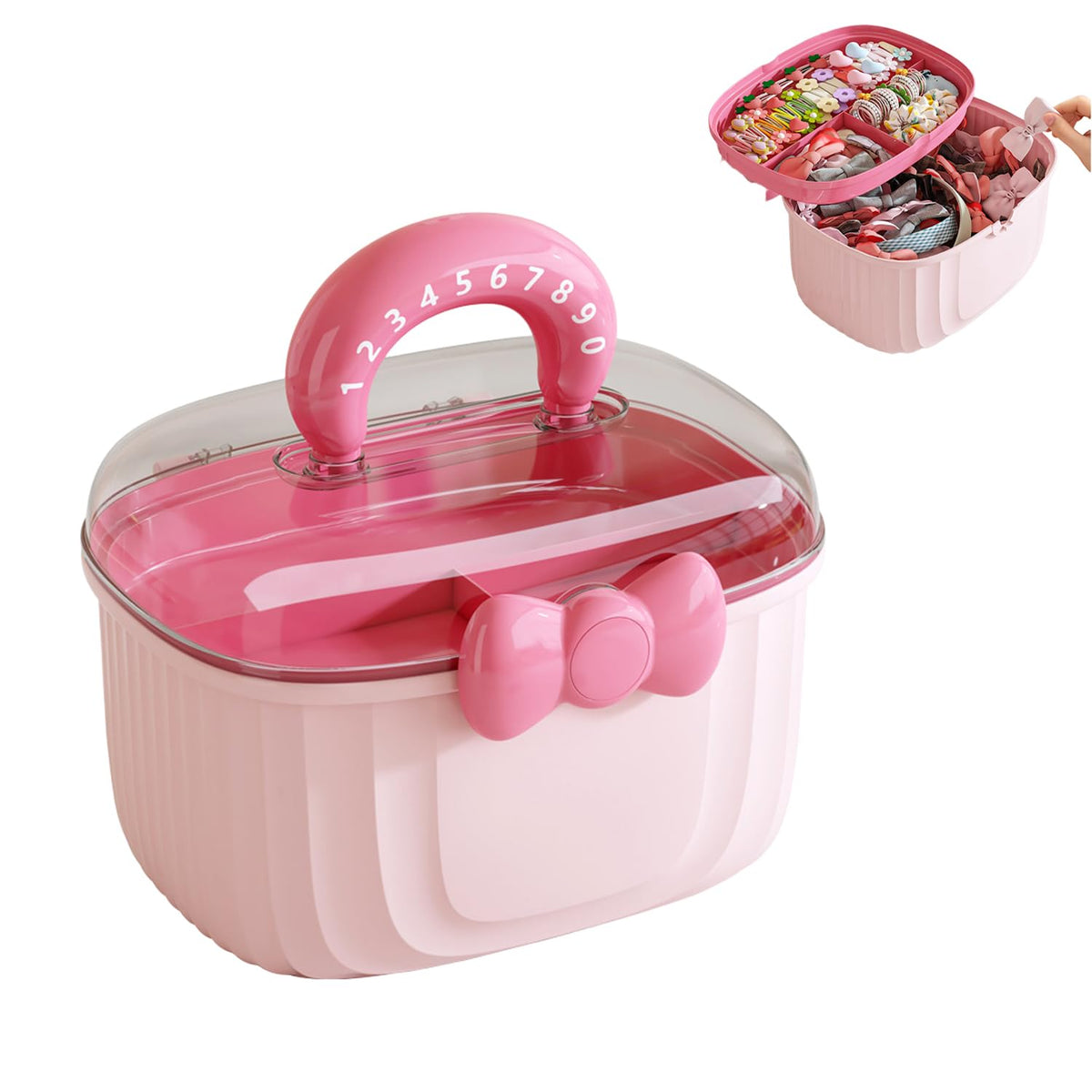 Hair Tie Storage Box with Handle 3-Tier Organizer for Kids Accessories - Pink