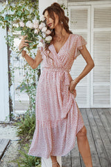 Rochie lungă de vară boemă Awemeal cu decolteu în V, cordon și volane – Roz Floral L