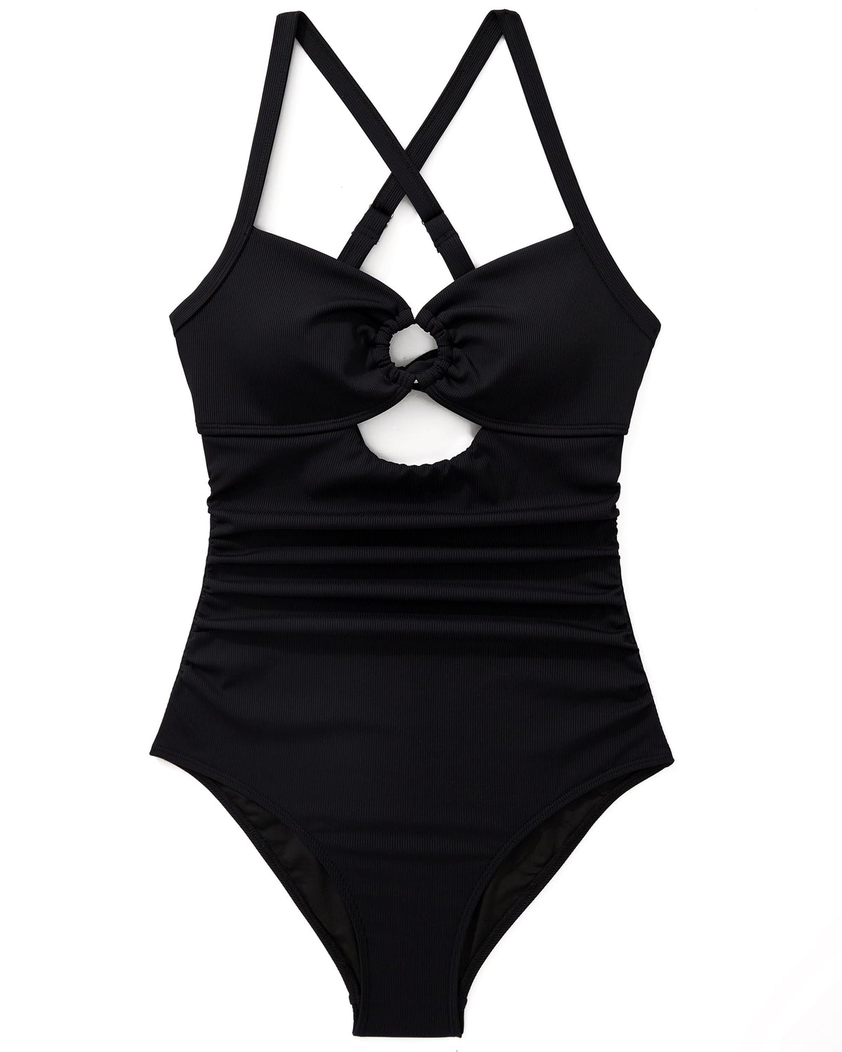 Wrap-Style V-Neck Tummy Control One-Piece Swimsuit with O-Ring Cutouts – Black XL