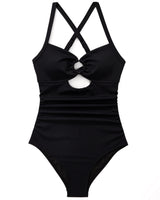 Wrap-Style V-Neck Tummy Control One-Piece Swimsuit with O-Ring Cutouts – Black XL