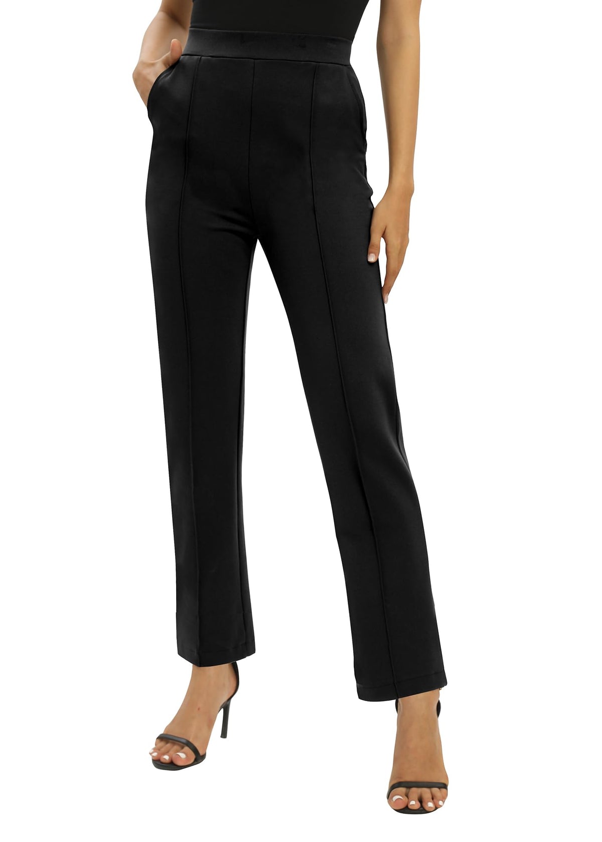 Pantaloni office damă EXCHIC drepți cu talie elastică și buzunare – Negru XL