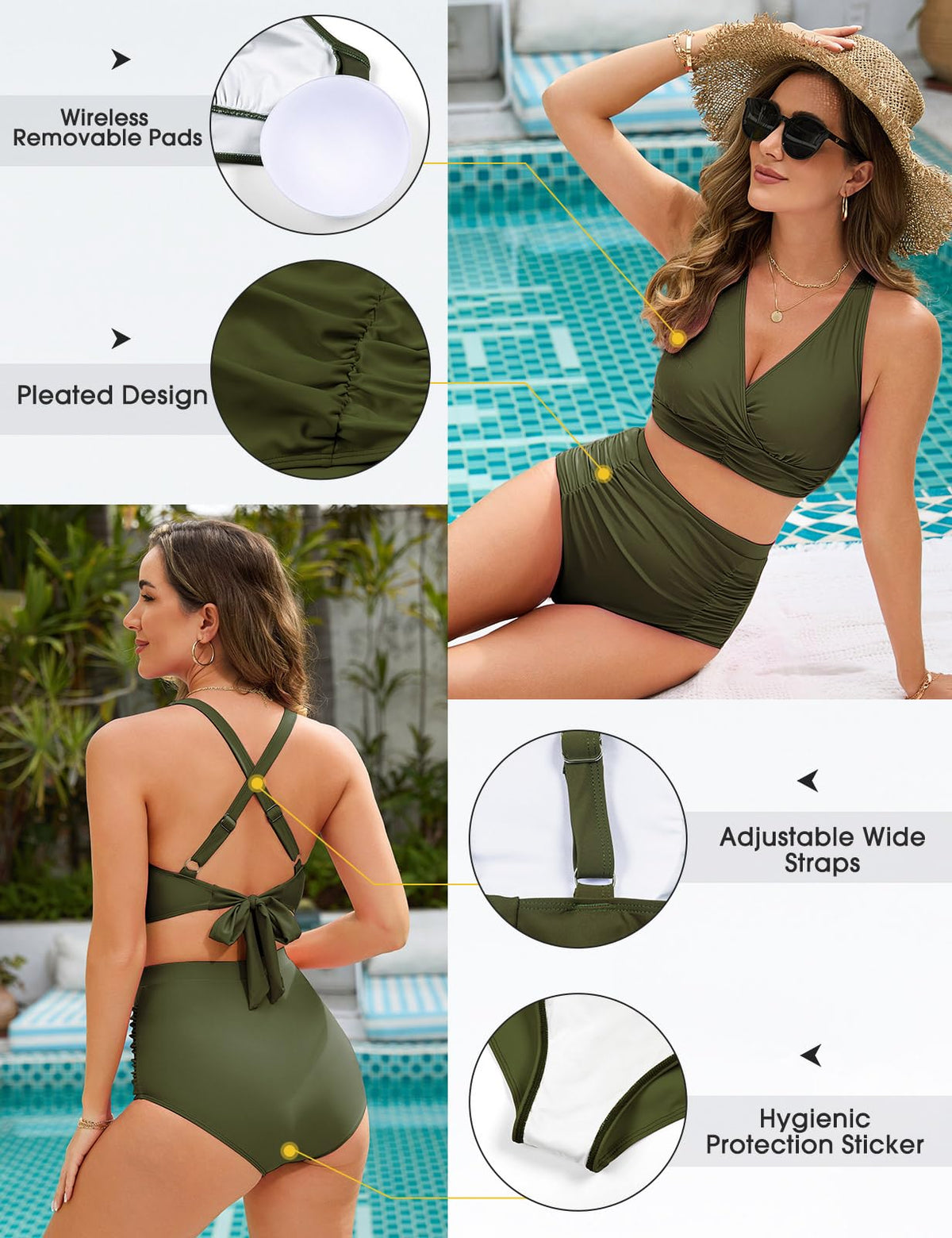 Costum de baie două piese damă Voqeen talie înaltă modelatoare cu bretele încrucișate push-up