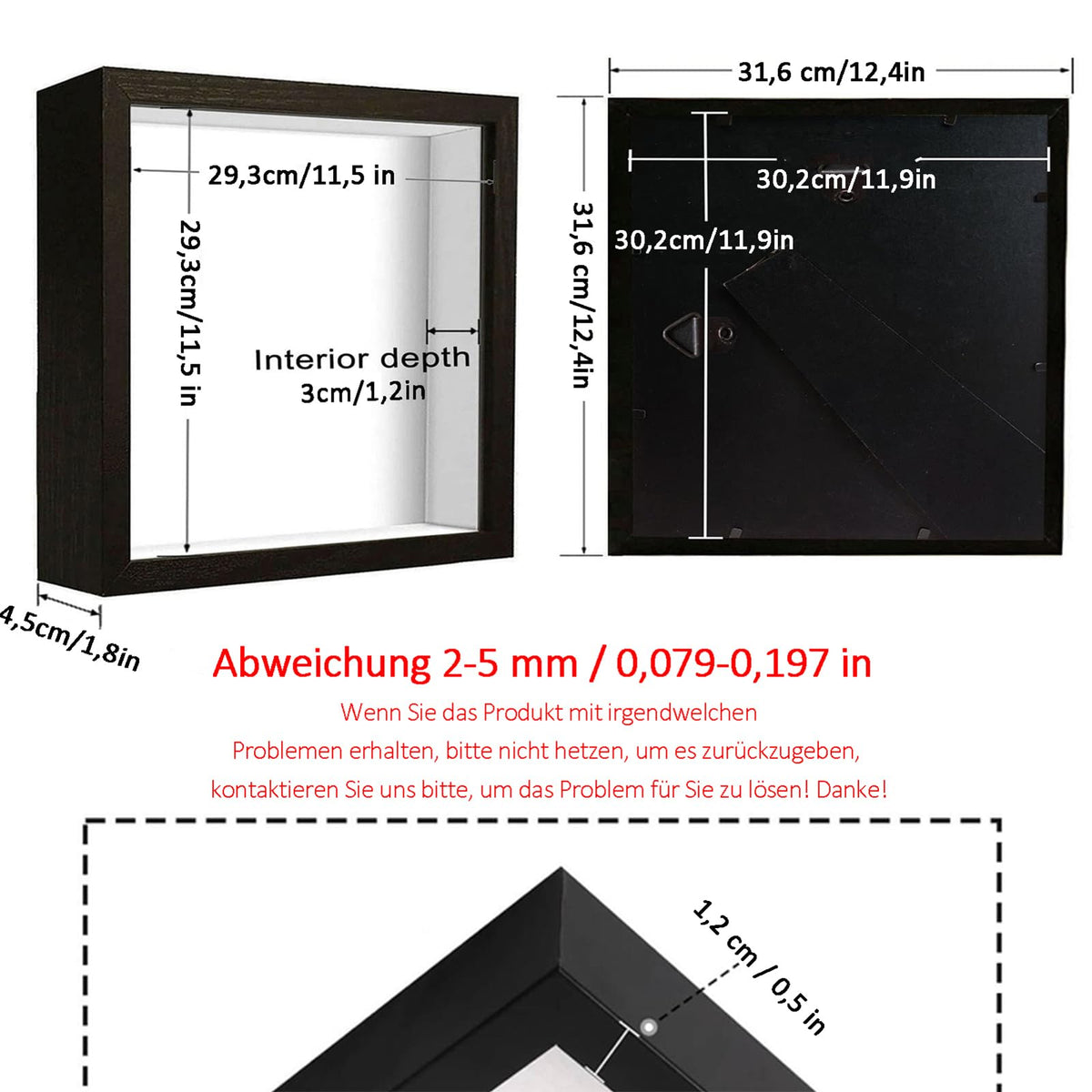 3D Wooden Photo Frame 30 x 30cm 3cm Deep with Clear Acrylic Plate – Black