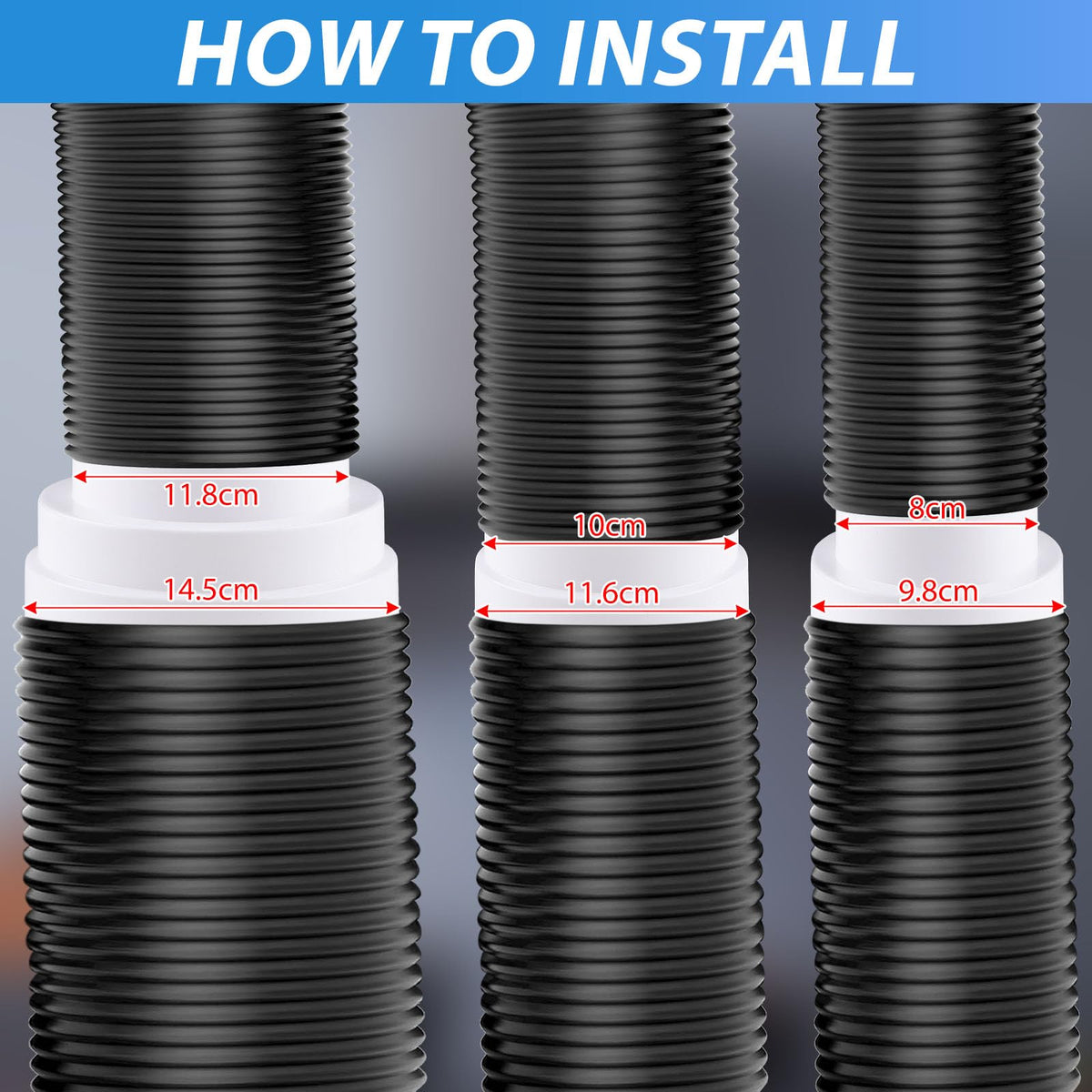 Universal reducing connector Ø80-150mm reducing piece Ø 80-100mm 100-120mm 120-140-150mm with stainless steel hose clamps aluminum foil tape ABS reducing piece for ventilation system ventilation round pipe ventilation