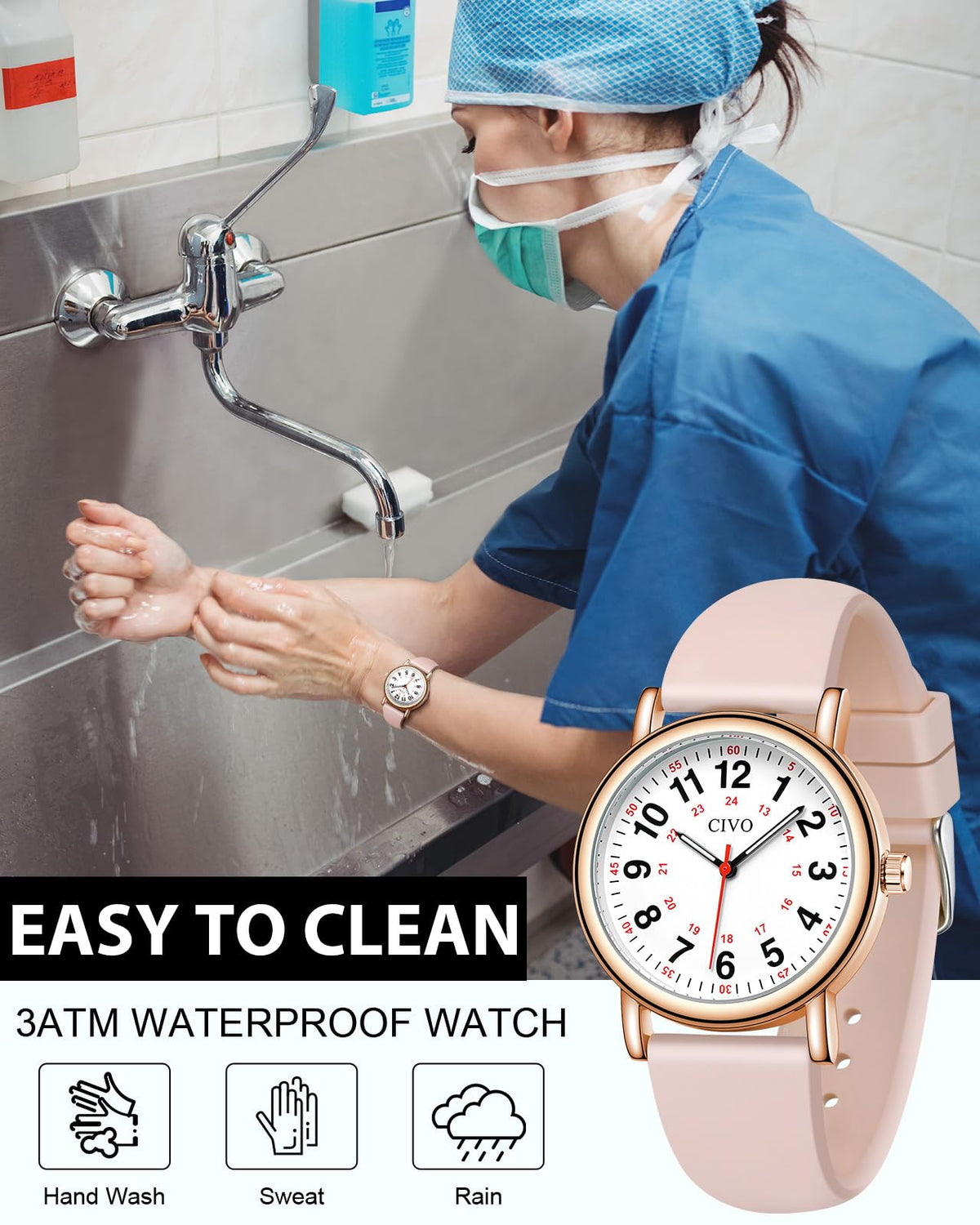 Women's Silicone Analog Watch Easy-Read Numbers Waterproof Quartz – Pink