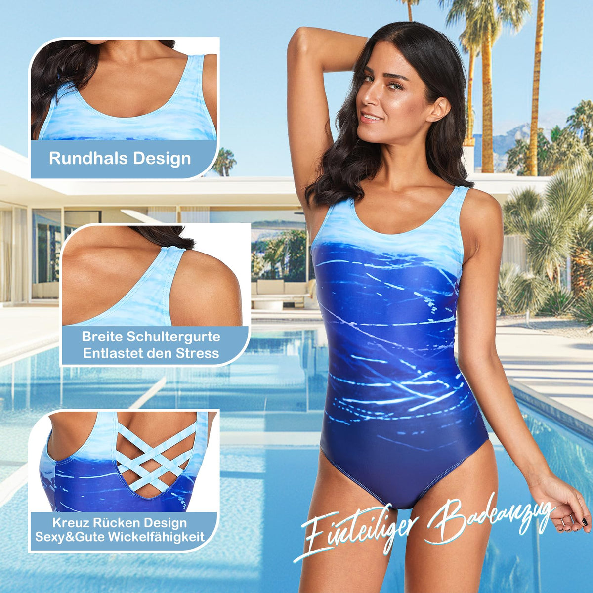 Costum de baie întreg sportiv damă Durio modelator bretele late – Albastru XL