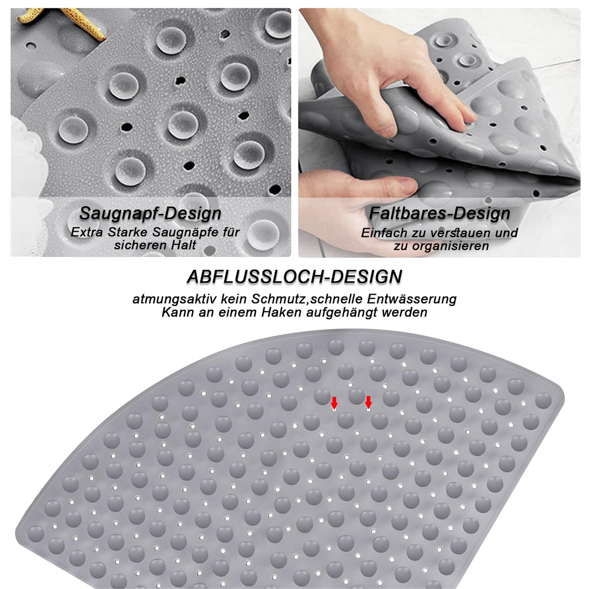 Triangular Corner Shower Mat 70x70cm Non-Slip with Suction Cups Drainage – Grey