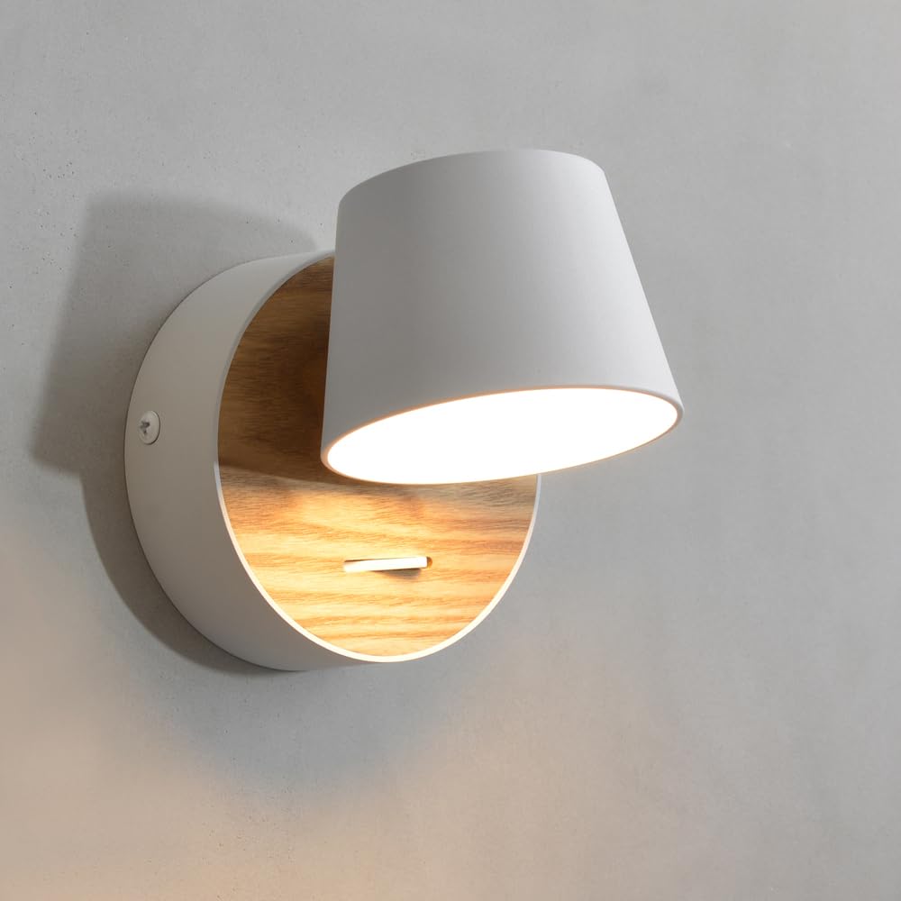 Aplică de perete reglabilă 360° cu întrerupător 5W LED design industrial din lemn și metal ouglres – Alb
