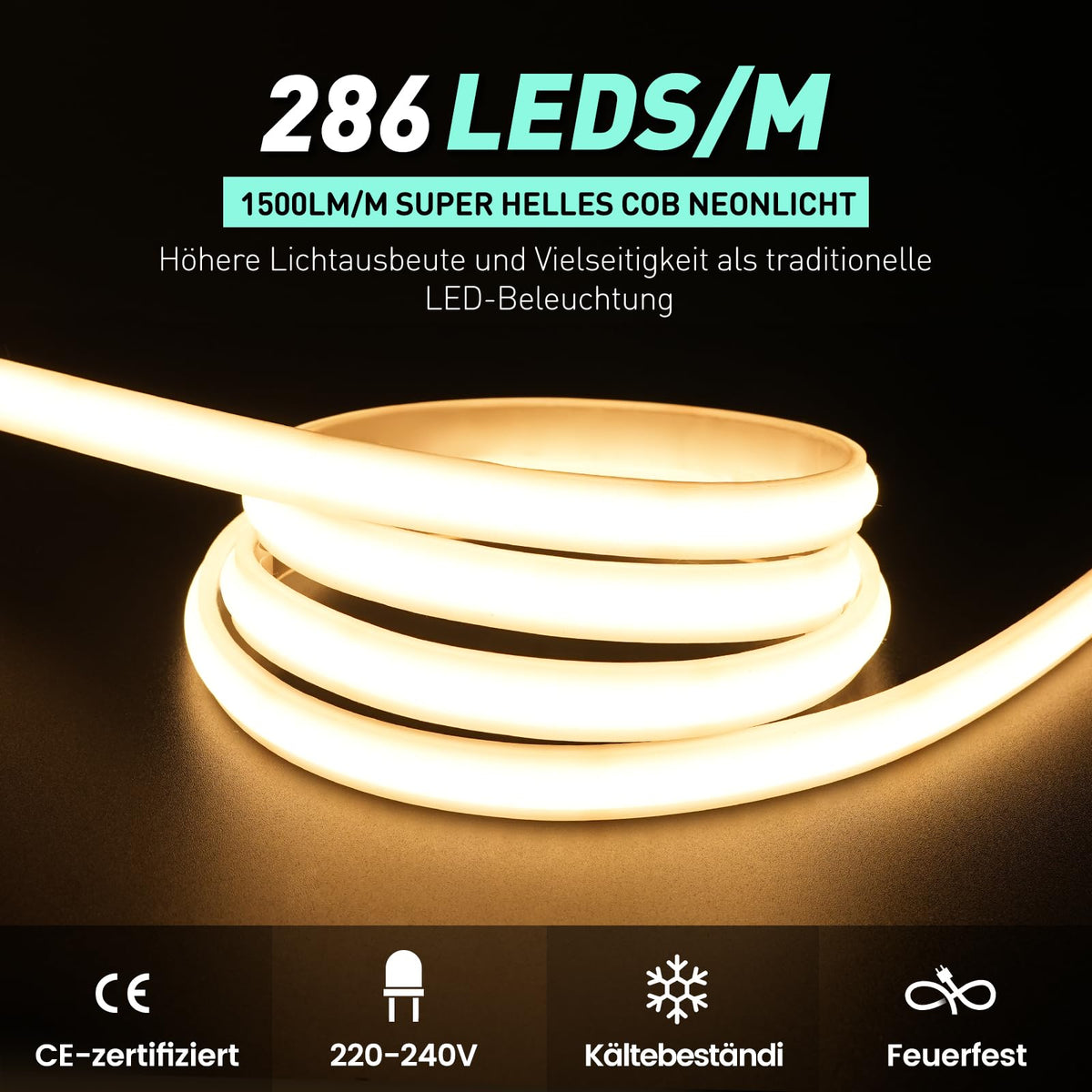 Bandă LED COB 230V lungime 2 metri impermeabilă și dimabilă – Lumină caldă