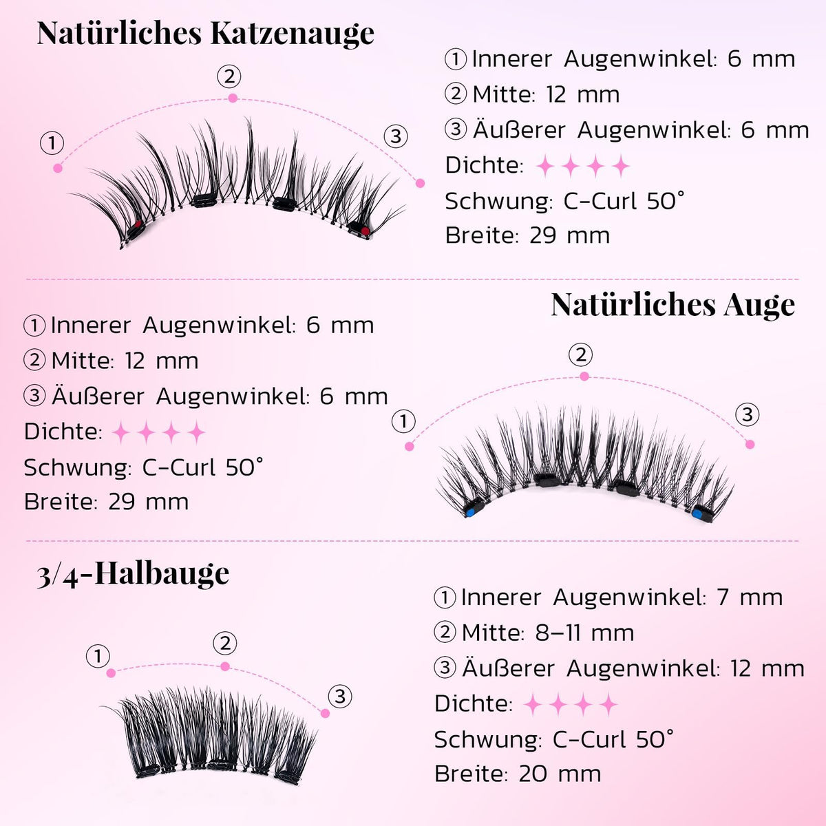 Magnetic False Eyelashes Set 4 Pairs with Applicator & Mirror Box – Pink