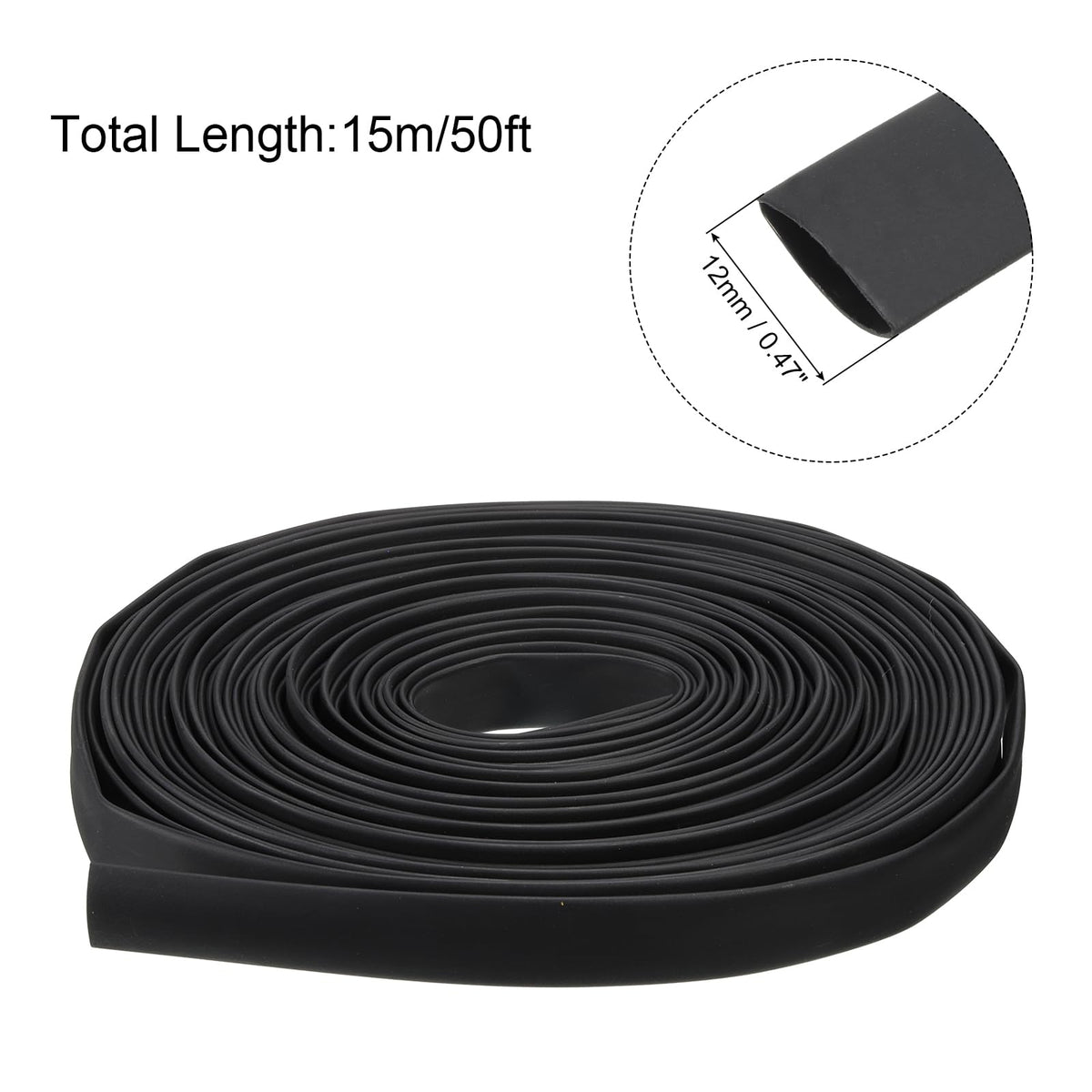 Heat Shrink Tubing 15m 12mm 4:1 Shrink Ratio Waterproof Insulating Tubing - Black