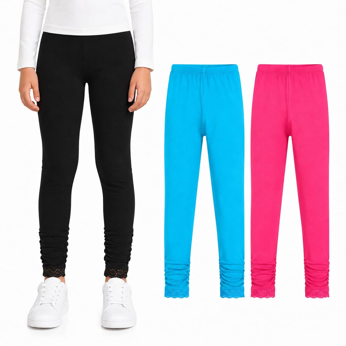 Girls' Knitted Stretch Leggings Cotton School Yoga Tights – Size 158 Black