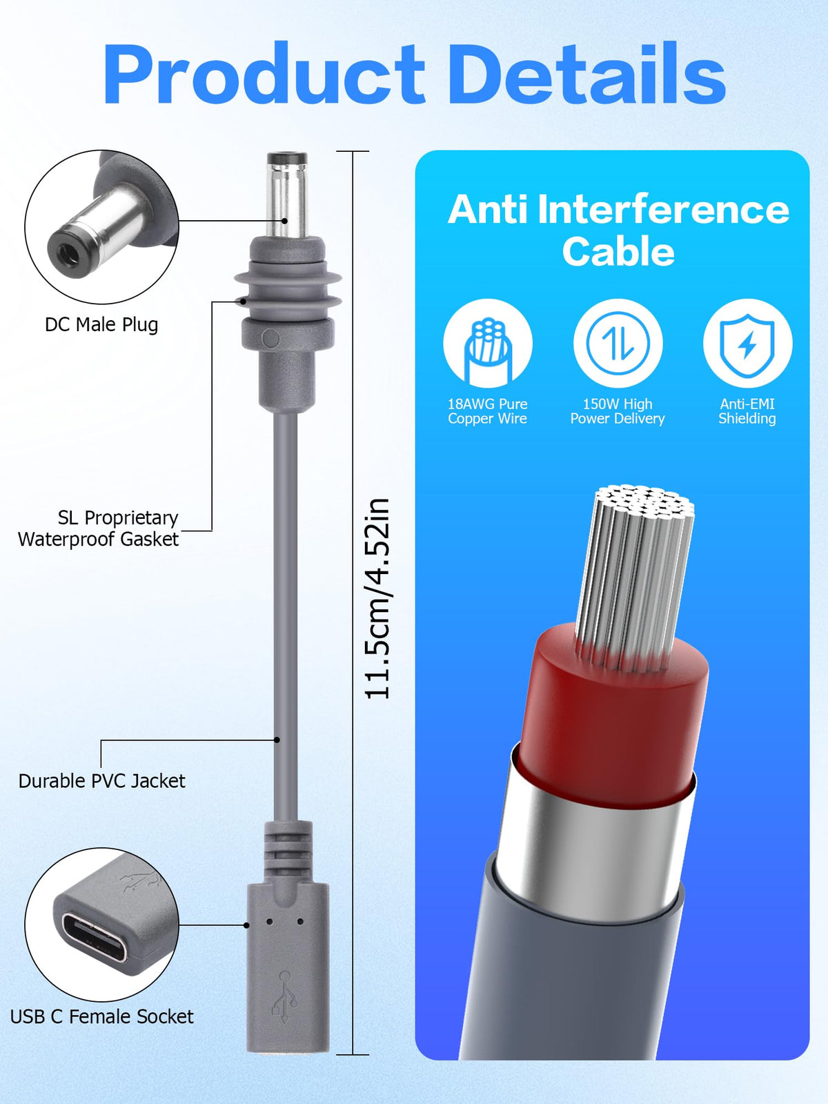 USB C to DC Cable for Starlink Mini 10CM Extension Cable – 3.9 inch