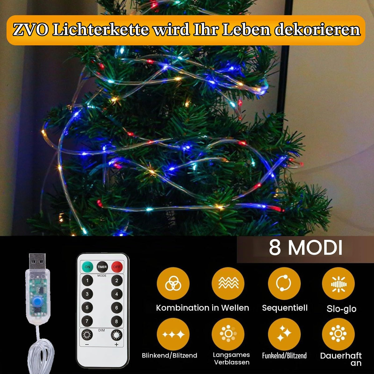 Ghirlandă luminoasă LED USB 10m 100 LED-uri cu telecomandă și 8 jocuri de lumini IP65 – Alb cald