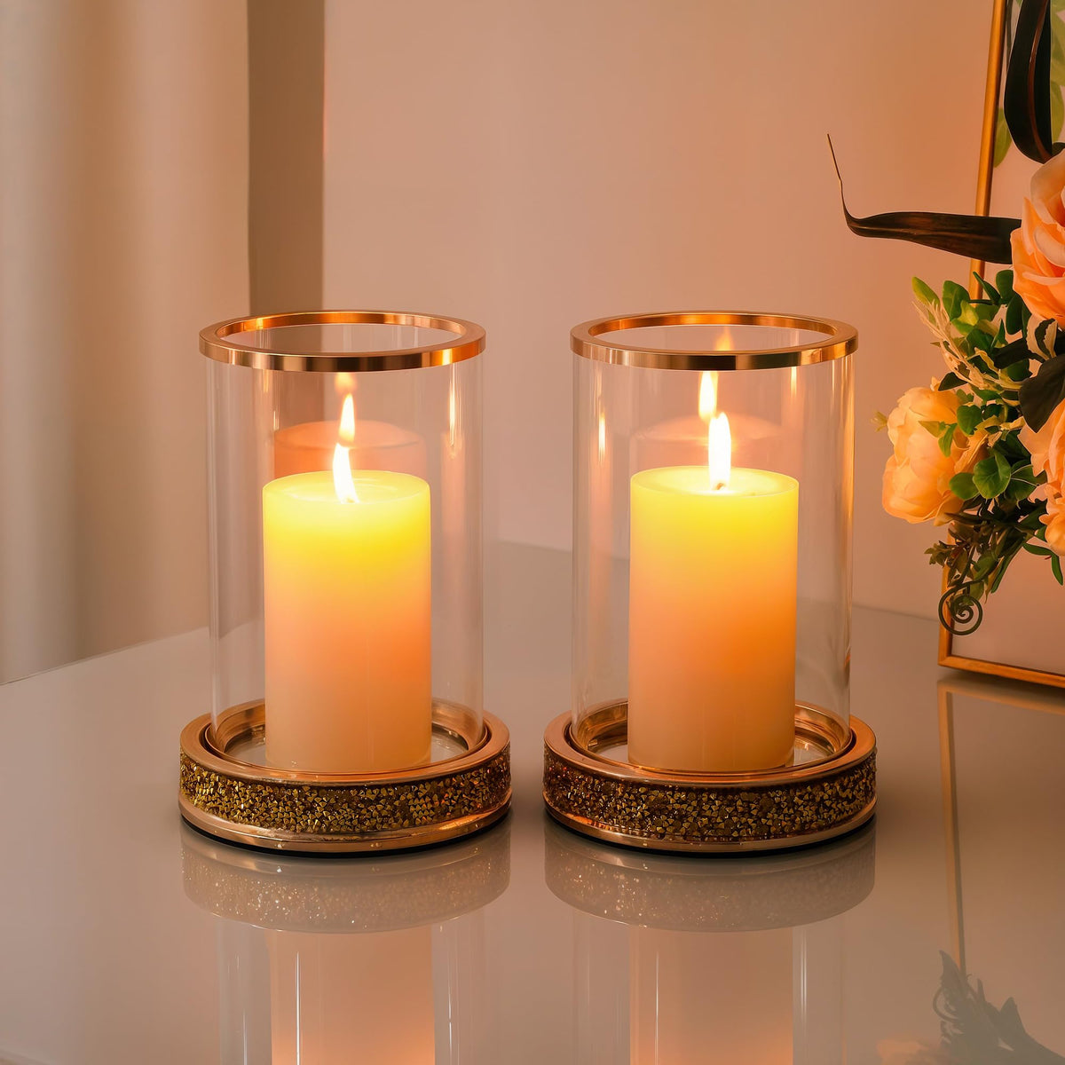 Glass Crystal Pillar Hurricane Candle Holders Tempered Panes Table Wedding Decor – Gold Small 2-Pack