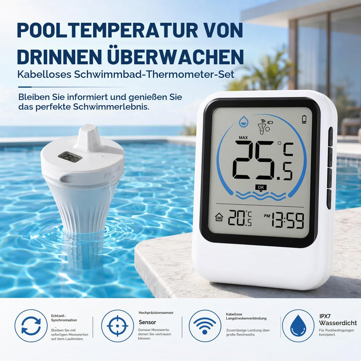 Wireless Digital Pool Thermometer with Outdoor Sensor