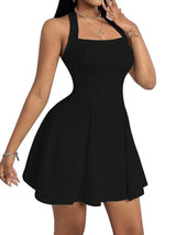 Women's Halter Neck A-Line Ruffle Dress Sleeveless Short – Black L