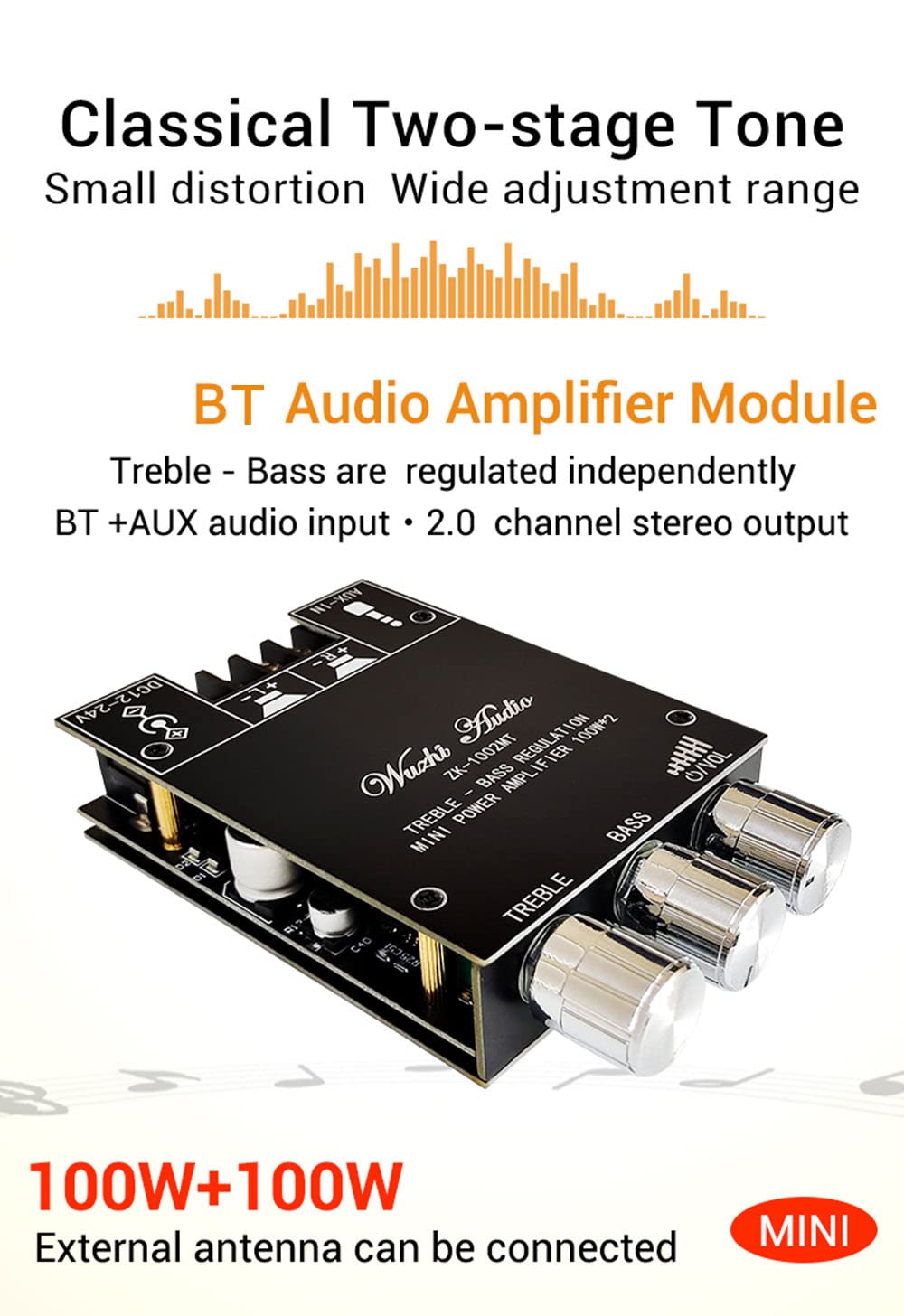 WANGCL ZK-1002MT 2 x 100W Bluetooth 5.0 Subwoofer Amplifier Board High Power Audio Stereo Amplifier Board AUX Bass Treble AMP
