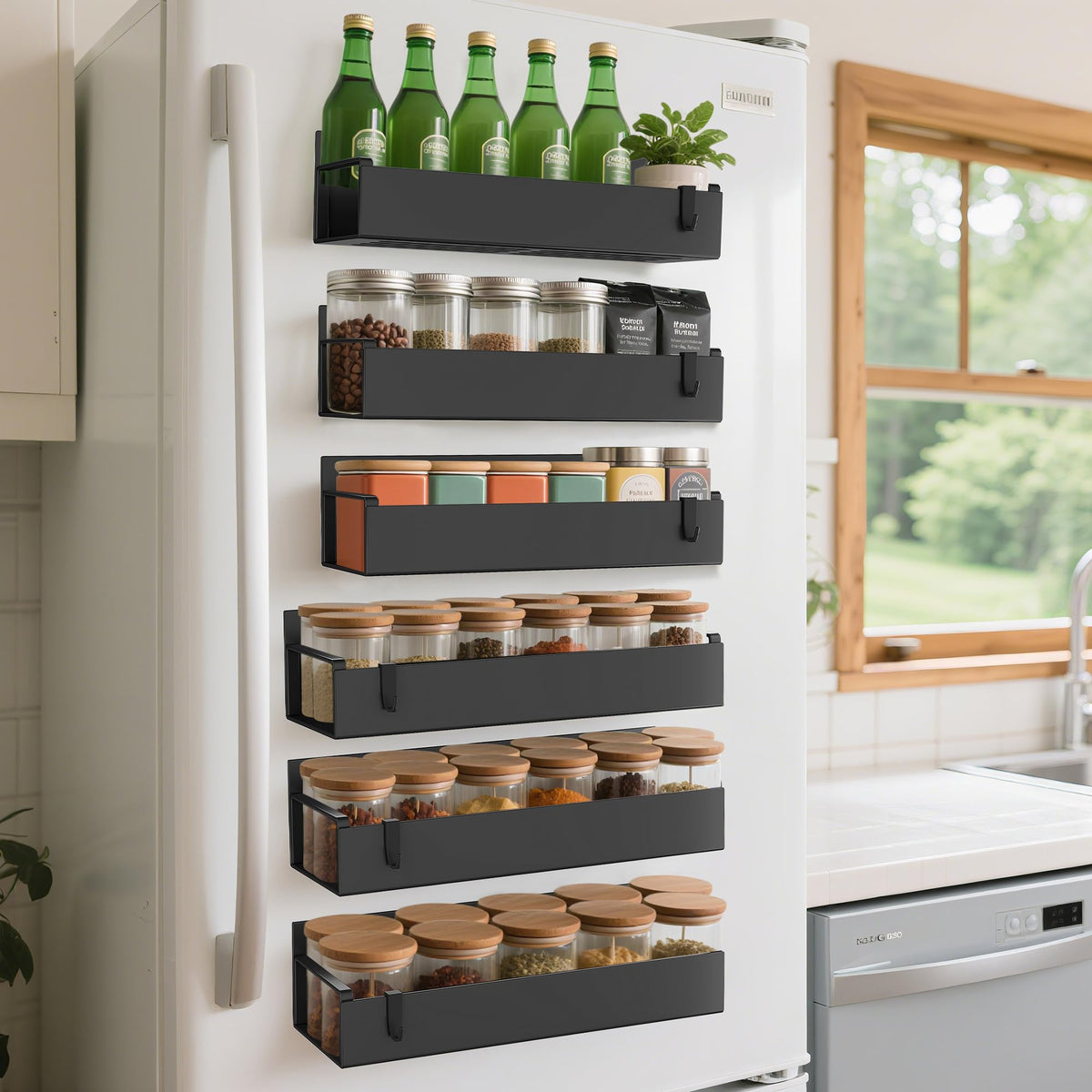 Rafturi magnetice organizatoare pentru frigider cu 6 cârlige, set 6 bucăți – Negru
