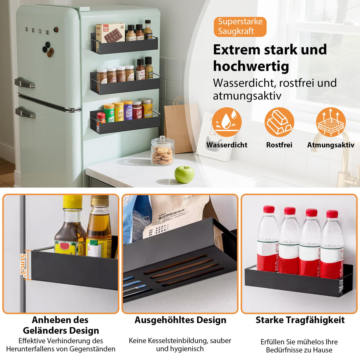 Rafturi magnetice organizatoare pentru frigider cu 6 cârlige, set 6 bucăți – Negru