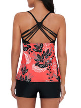 Costum de baie tankini 2 piese Durio cu pantalon scurt și dungi florale – Roșu/Flori Negre EU 46 (3XL)