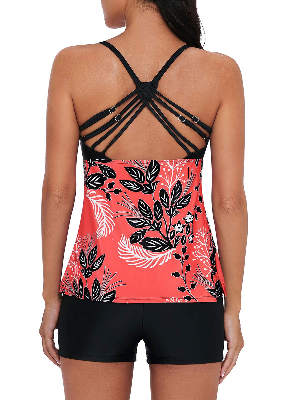 Costum de baie tankini 2 piese Durio cu pantalon scurt și dungi florale – Roșu/Flori Negre EU 46 (3XL)