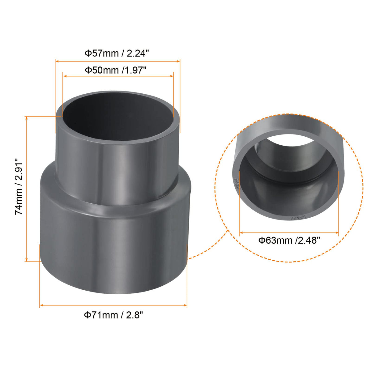Mufă reductoare dreaptă din PVC 63x50 mm pentru instalații – Gri