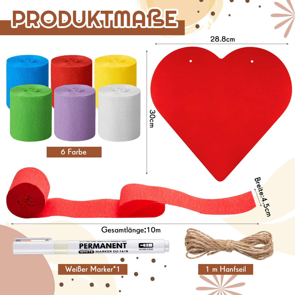 Set decorațiuni festive cu panglici din hârtie creponată și inimioare din lemn, 9 piese – Curcubeu