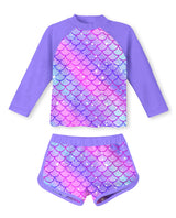 Girls’ 2-Piece Long Sleeve Swimsuit UV Protection 9-10 Years – Purple