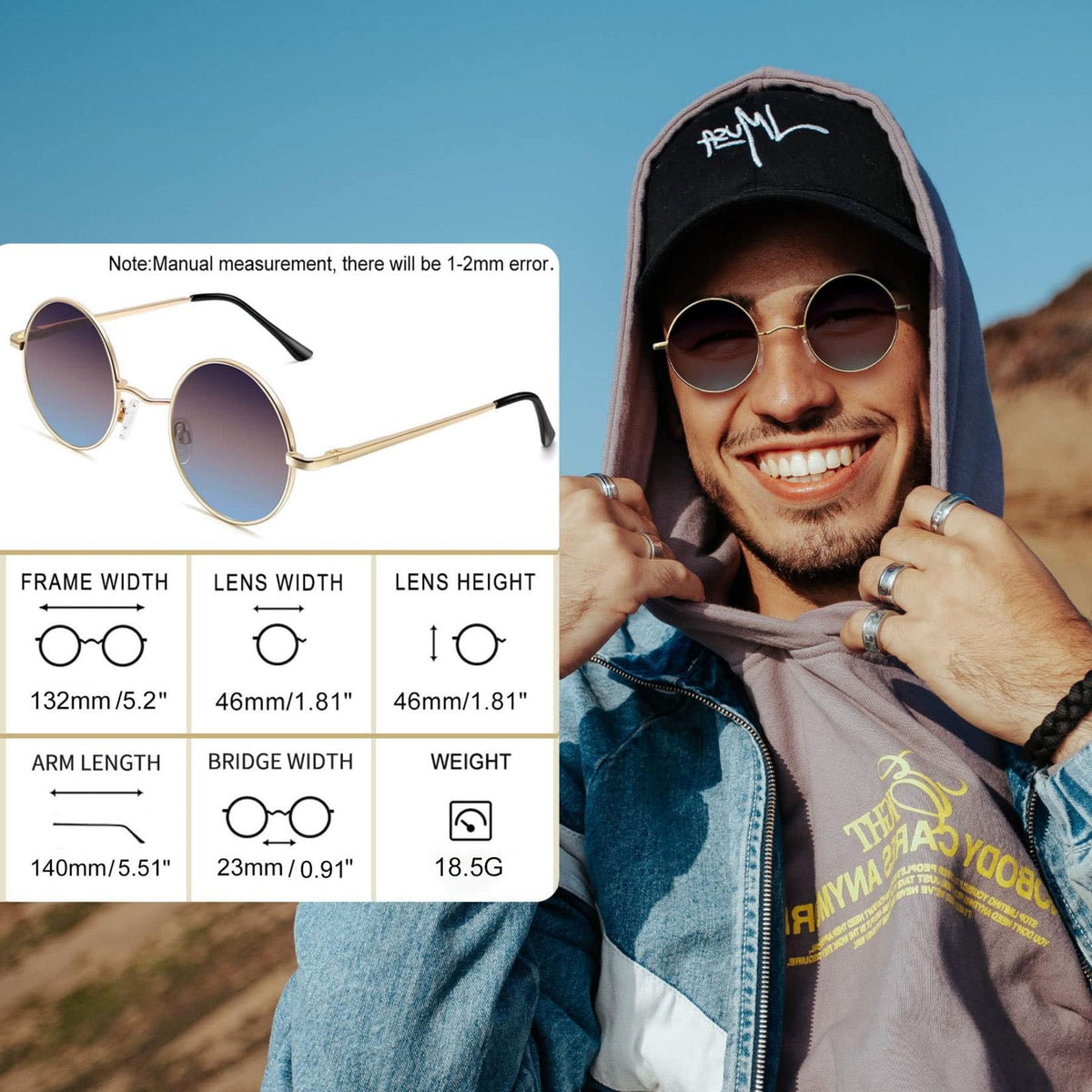 Ochelari de soare rotunzi polarizați UV400 stil steampunk Joopin cu ramă metalică – Maro-Albastru