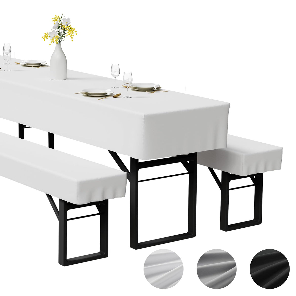 Set 3 huse lavabile din poliester pentru set berărie (masă și 2 bănci) 220x50 cm – Alb