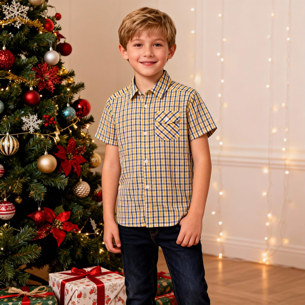Boys' Cotton Short Sleeve Shirt – Blue/Yellow DE 4-5