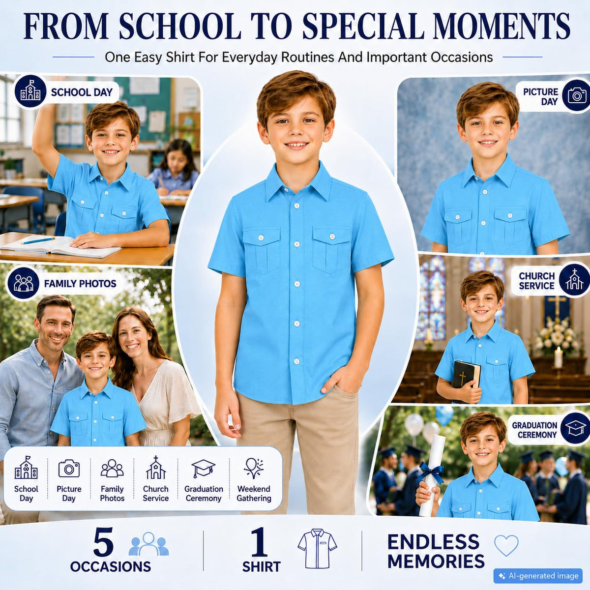 Boys' Short-Sleeve School Shirt Button Placket Casual – Ocean Blue 12