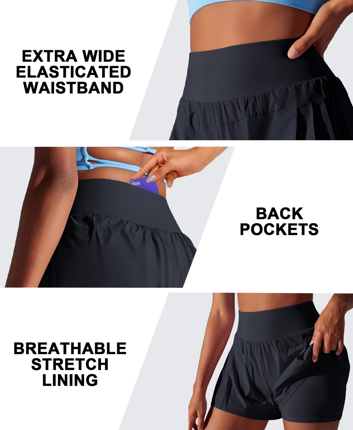 Pantaloni scurți sport 2-în-1 damă cu uscare rapidă pentru alergare – Negru