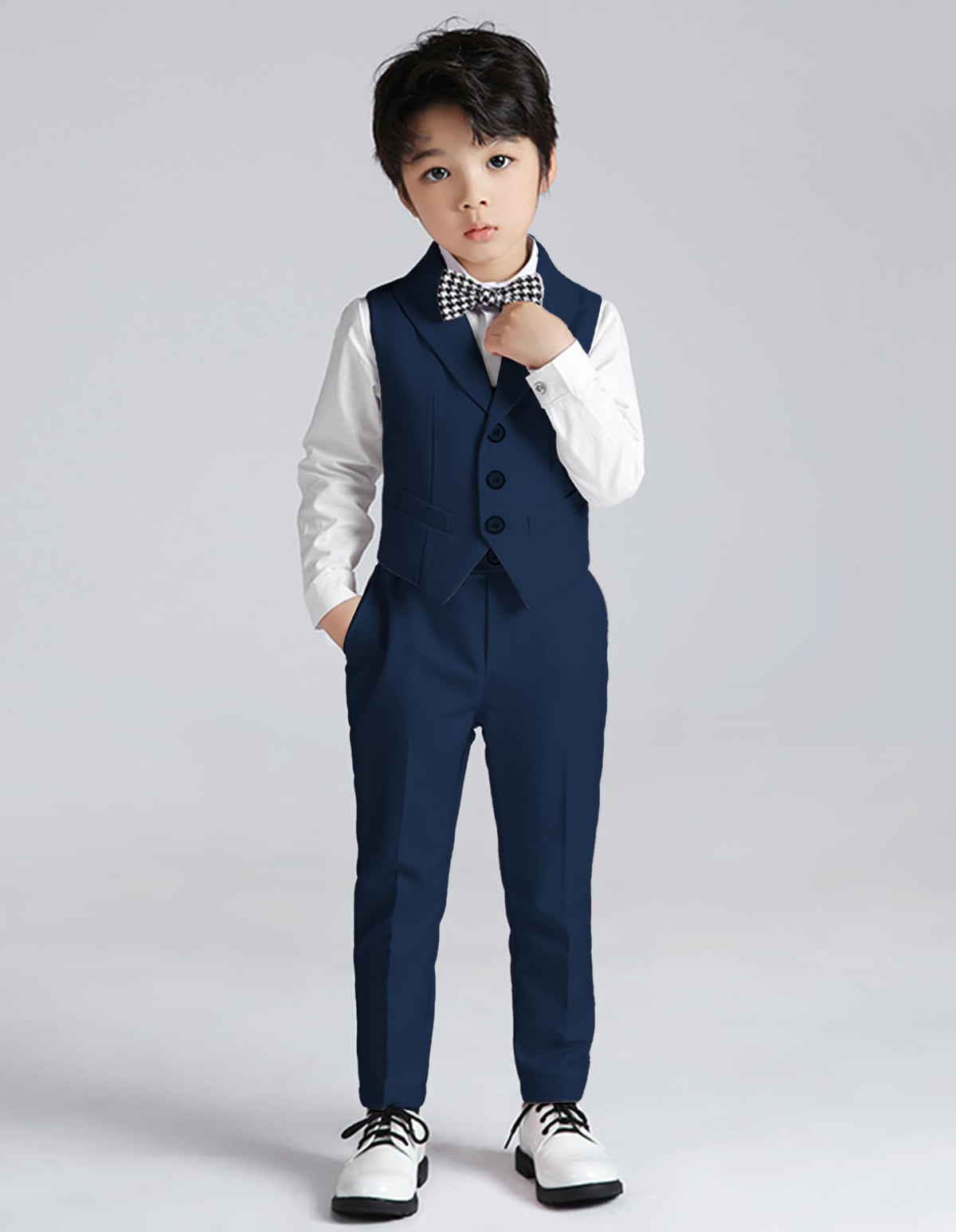 Boys’ 5‑Piece Formal Suit Set Vest Trousers Shirt Bow & Neck Tie – Navy Blue 8–9 yrs (140)