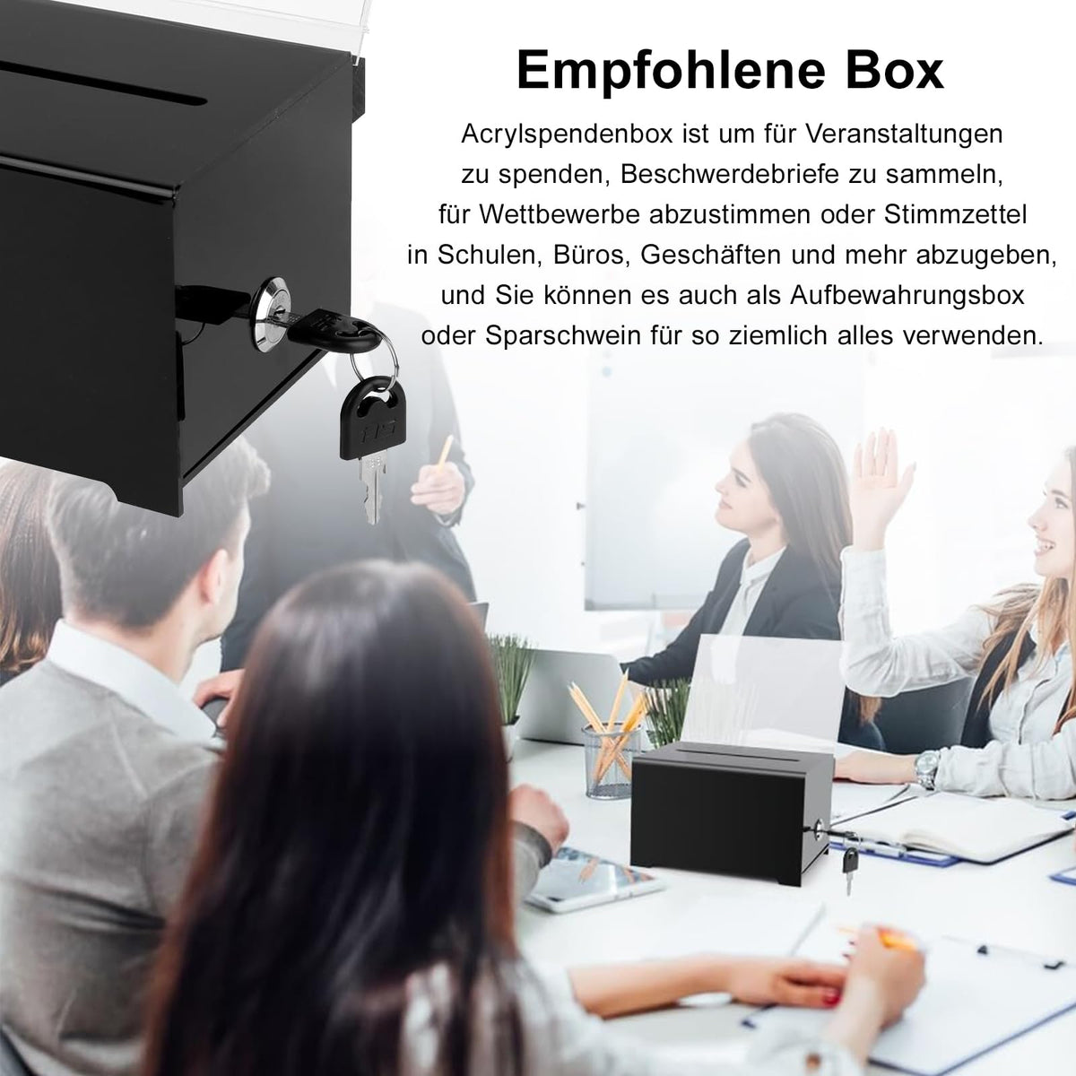 Lockable Acrylic Donation / Ballot Box with Key Lock & Insert Panel – Black