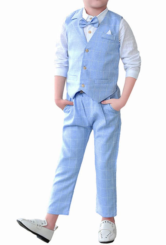 Boys' Checked Suit 4-piece Vest Shirt Trousers Bow Tie – Grey 10-11yrs