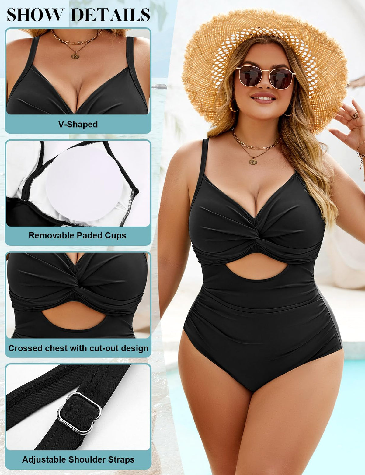 Vancavoo Swimsuit Women Tummy Control Plus Size Push Up Swimwear One-Piece Swimsuits with Underwire Sexy V Neck One Piece Swimsuits Swimwear, Black, L