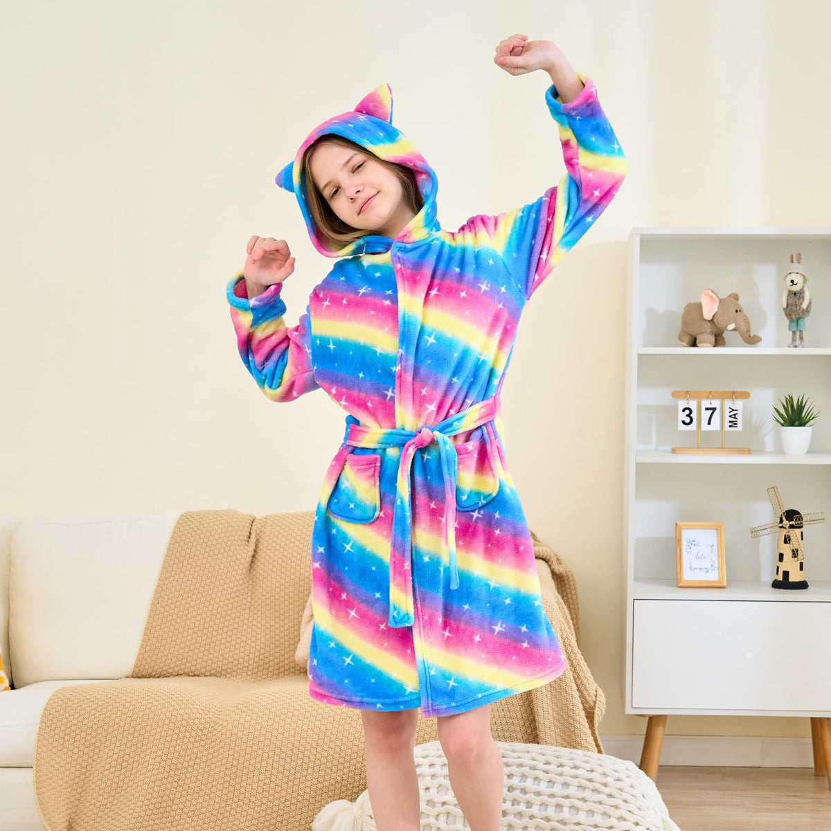 Girls' Plush Hooded Bathrobe with Cat Ears Soft Dressing Gown – Rainbow 5-6 Years