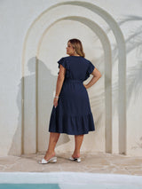Women's Plus Size Midi Dress V-Neck Button Placket A-Line with Belt – Navy 46