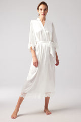BABEYOND Women's Dressing Gown Long Short Solid Color Bathrobe Lace Sleeves Silk Satin Kimono Dress Ladies Summer Robe Pure Color Sleeping Coat (Long - White)