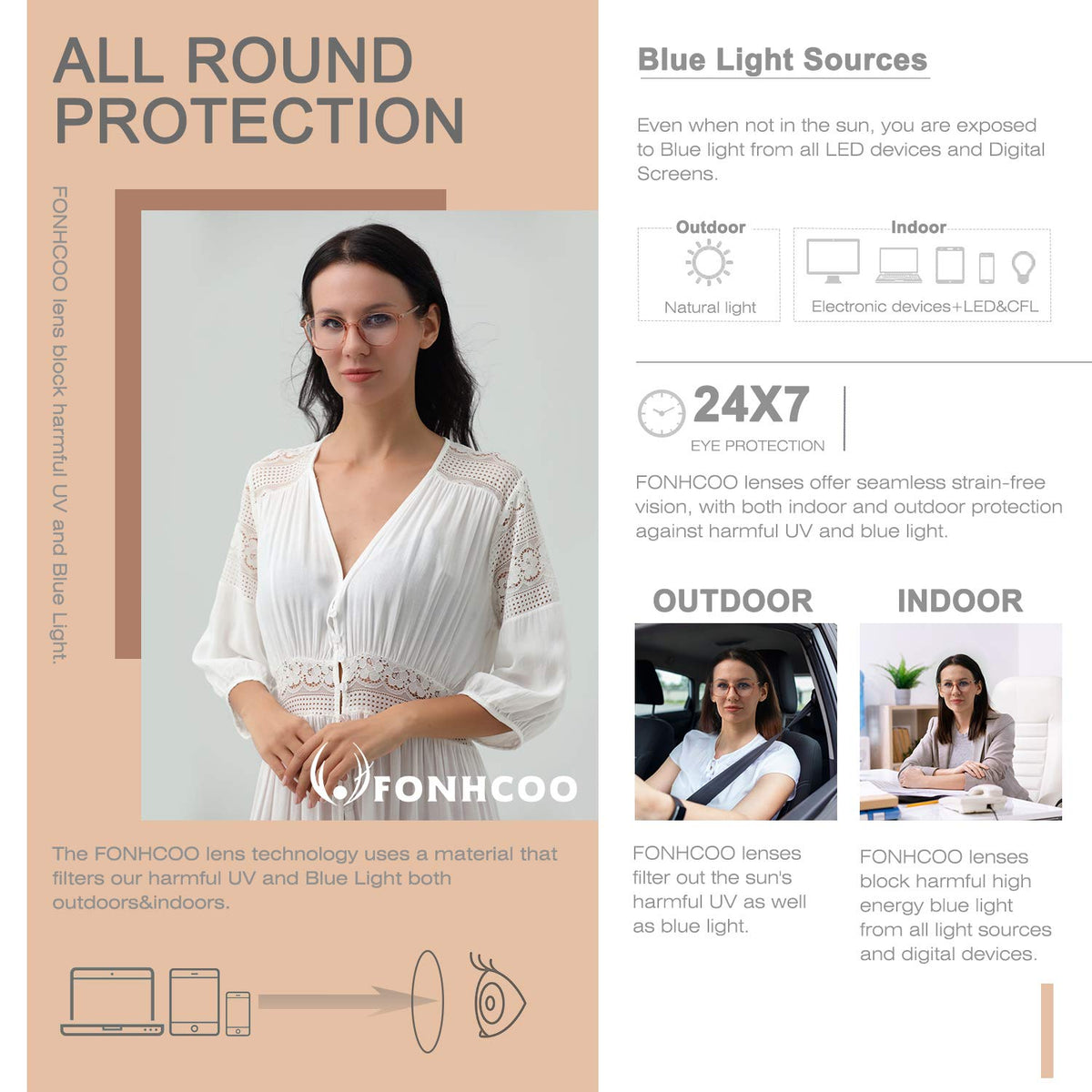 FONHCOO Blue Light Filter Glasses Women TR90 Blue Light Glasses Without Prescription, Super Light Anti-Fatigue Computer Glasses Gaming Safety Glasses (Champagne)