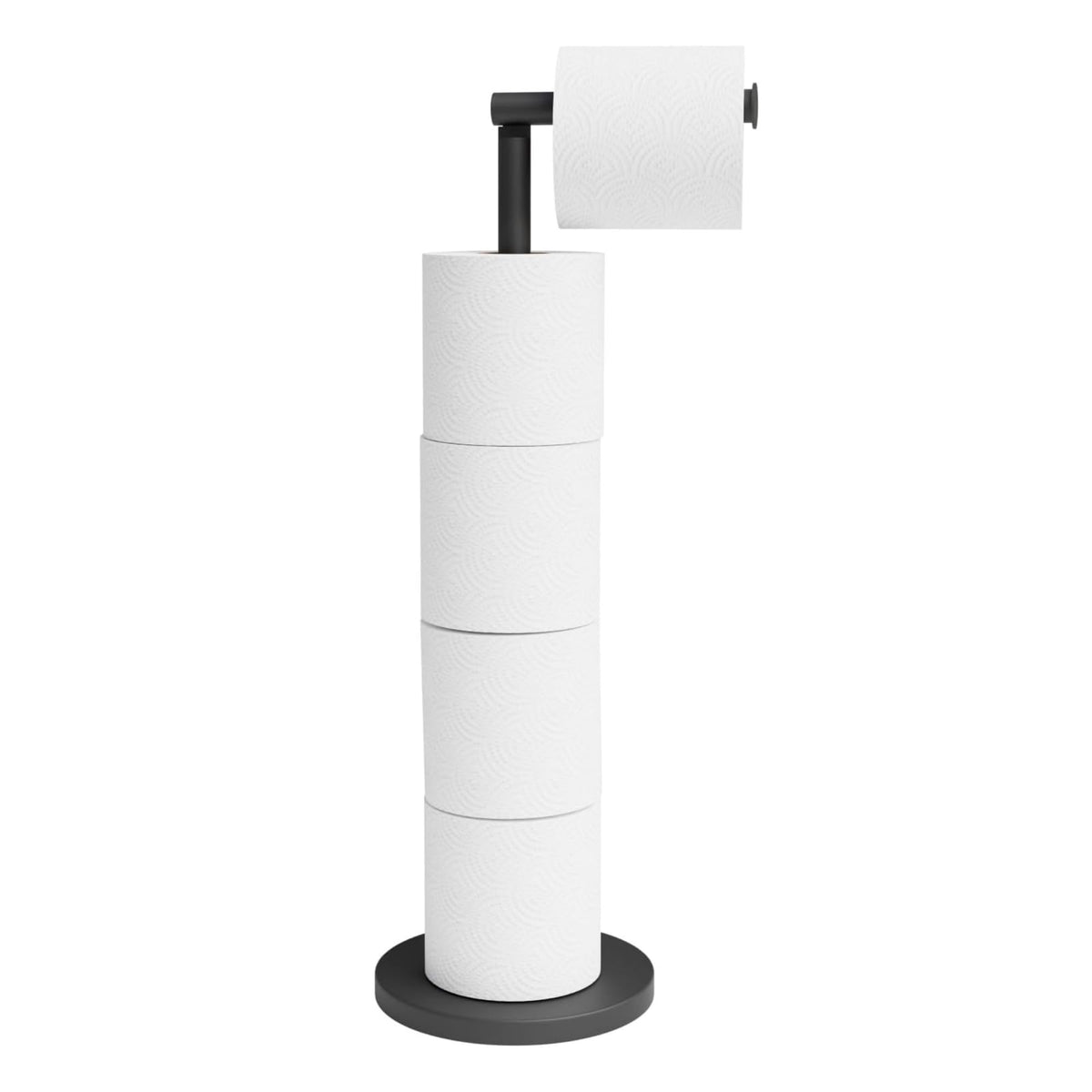 Freestanding Toilet Roll Holder Click-Up Arm Holds 4 Spare Rolls – Black