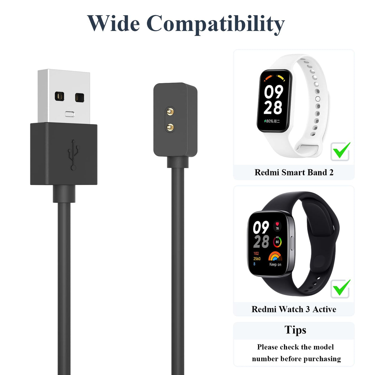 Watch USB Charger Cable for Redmi Watch 3 Active 100cm Fast Replacement - Black