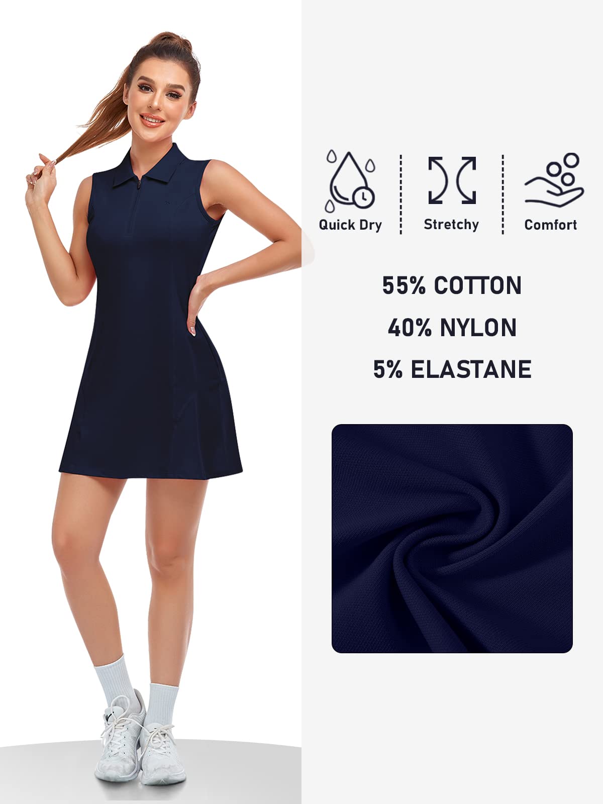 MoFiz Sports Dresses Women's Tennis Golf Dresses Sleeveless Summer Casual Dresses Cotton Polo Dress with Zipper Navy Blue XL